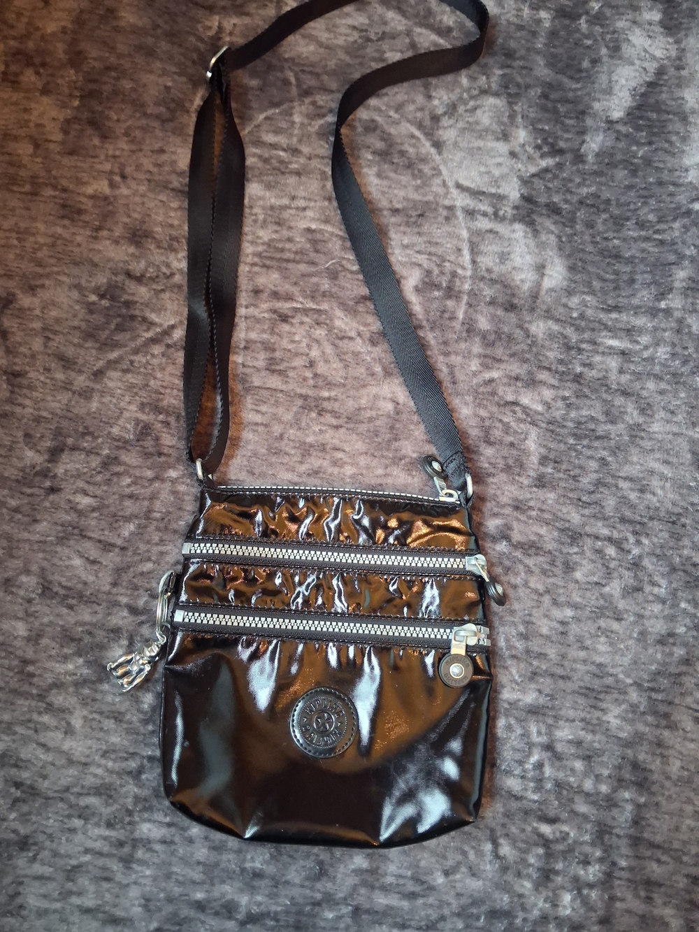 Kipling Black Glossy Crinkle Crossbody Purse Adjustable Strap Gorilla Charm